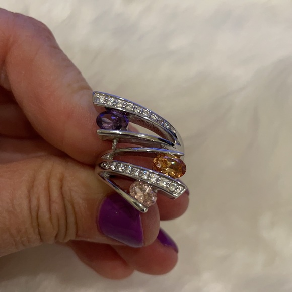 Sterling Silver Ring, purple pink  AAA CZ  faceted Stones, unique statement ring - Picture 9 of 11